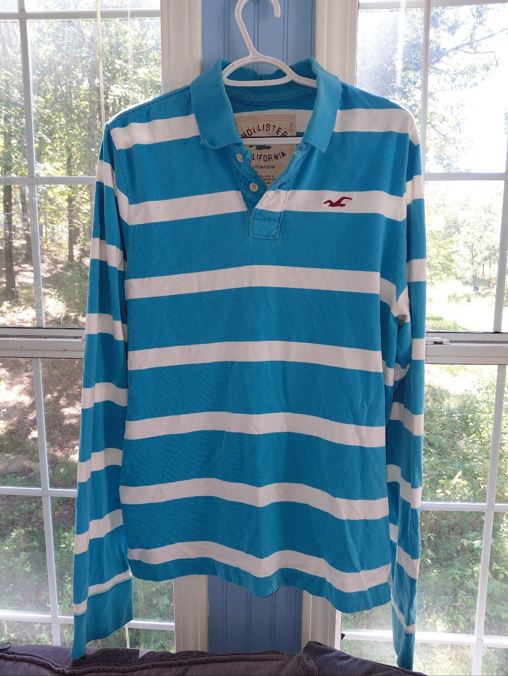 Hollister Men’s Long-Sleeve Striped Polo - Blue & White